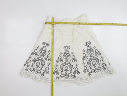 Next Women Ivory Linen Blend A-Line Embroidered Knee Length Skirt Size 12
