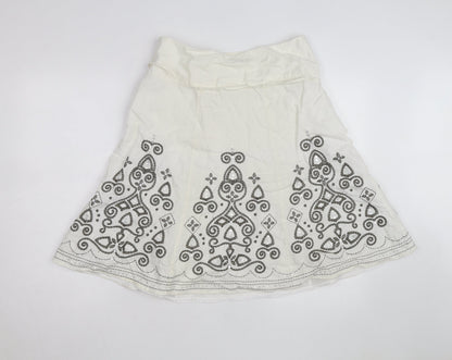 Next Women Ivory Linen Blend A-Line Embroidered Knee Length Skirt Size 12