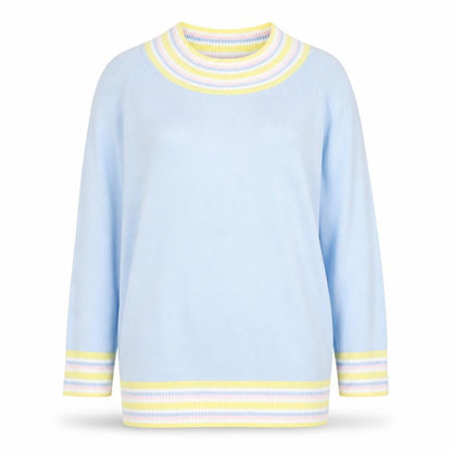 Etam Women Blue Striped High Neck Cotton Knit Jumper L