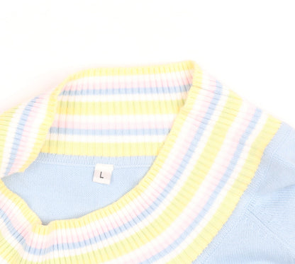 Etam Women Blue Striped High Neck Cotton Knit Jumper L