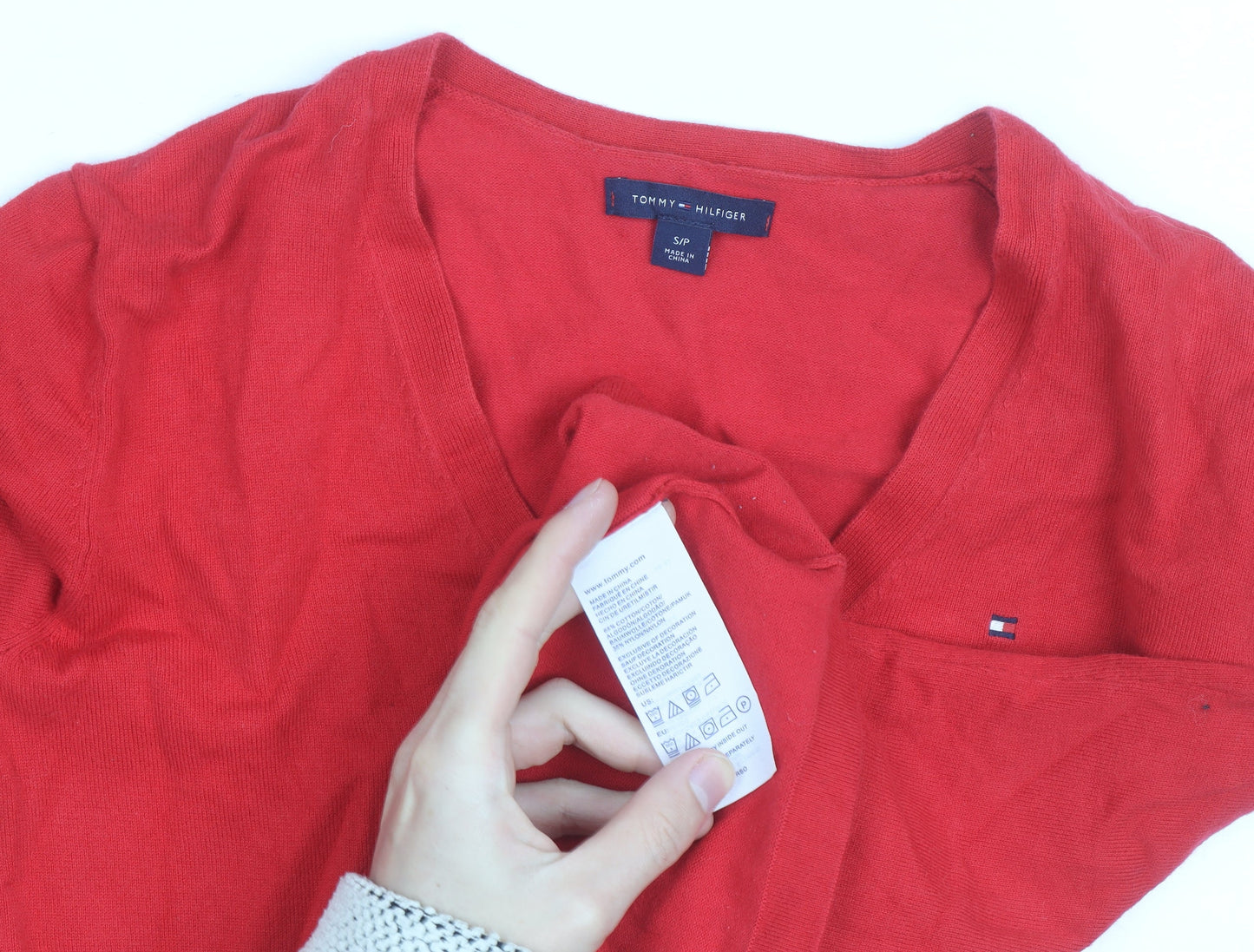 Tommy Hilfiger Women's Red V-Neck Cotton Jumper Size S