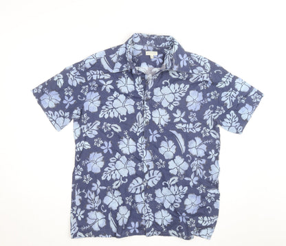 Oviesse Men's Blue Floral Hawaiian Short Sleeve Cotton Shirt L