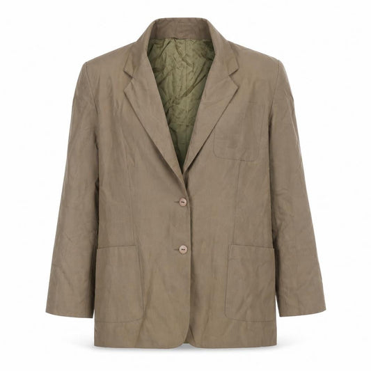 Front view of Tracy M unisex brown silk lined mid-length blazer m