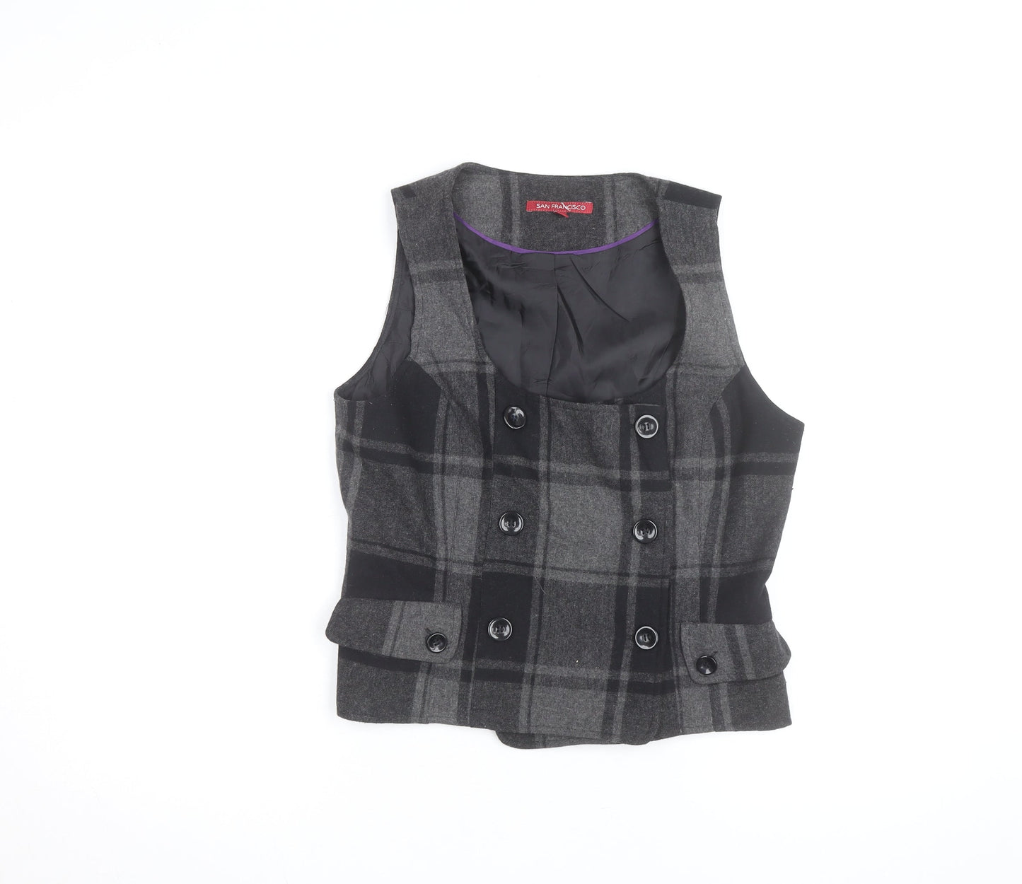 San Francisco Women Grey Check Wool Blend Waistcoat Size 10