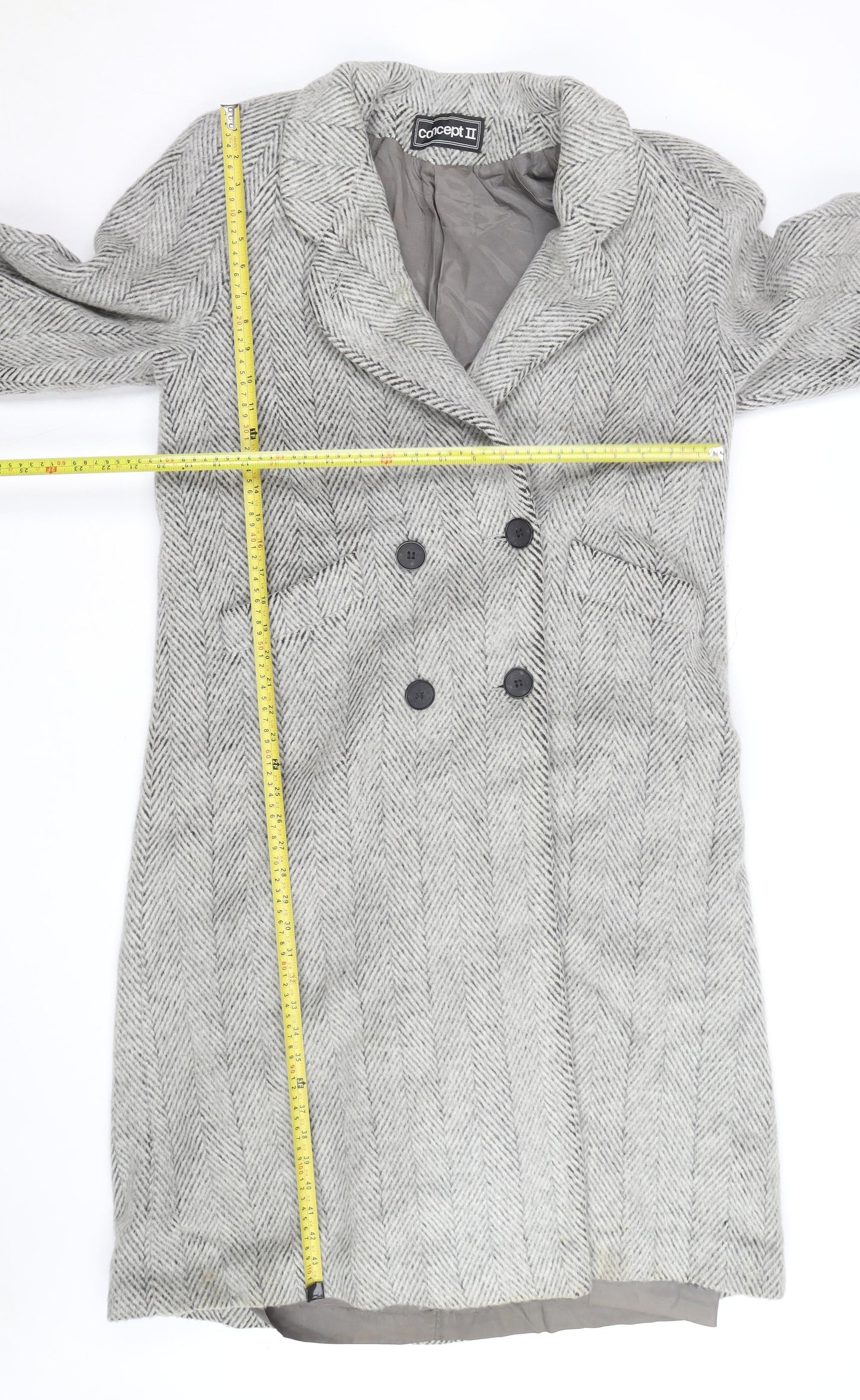 Concept II Women's Grey Wool Herringbone Long Overcoat Size 8