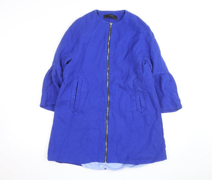 Zara Women Blue Mid-Length Cotton Blend Zip Coat Size S