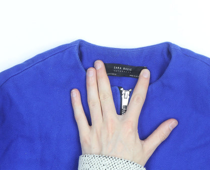 Zara Women Blue Mid-Length Cotton Blend Zip Coat Size S