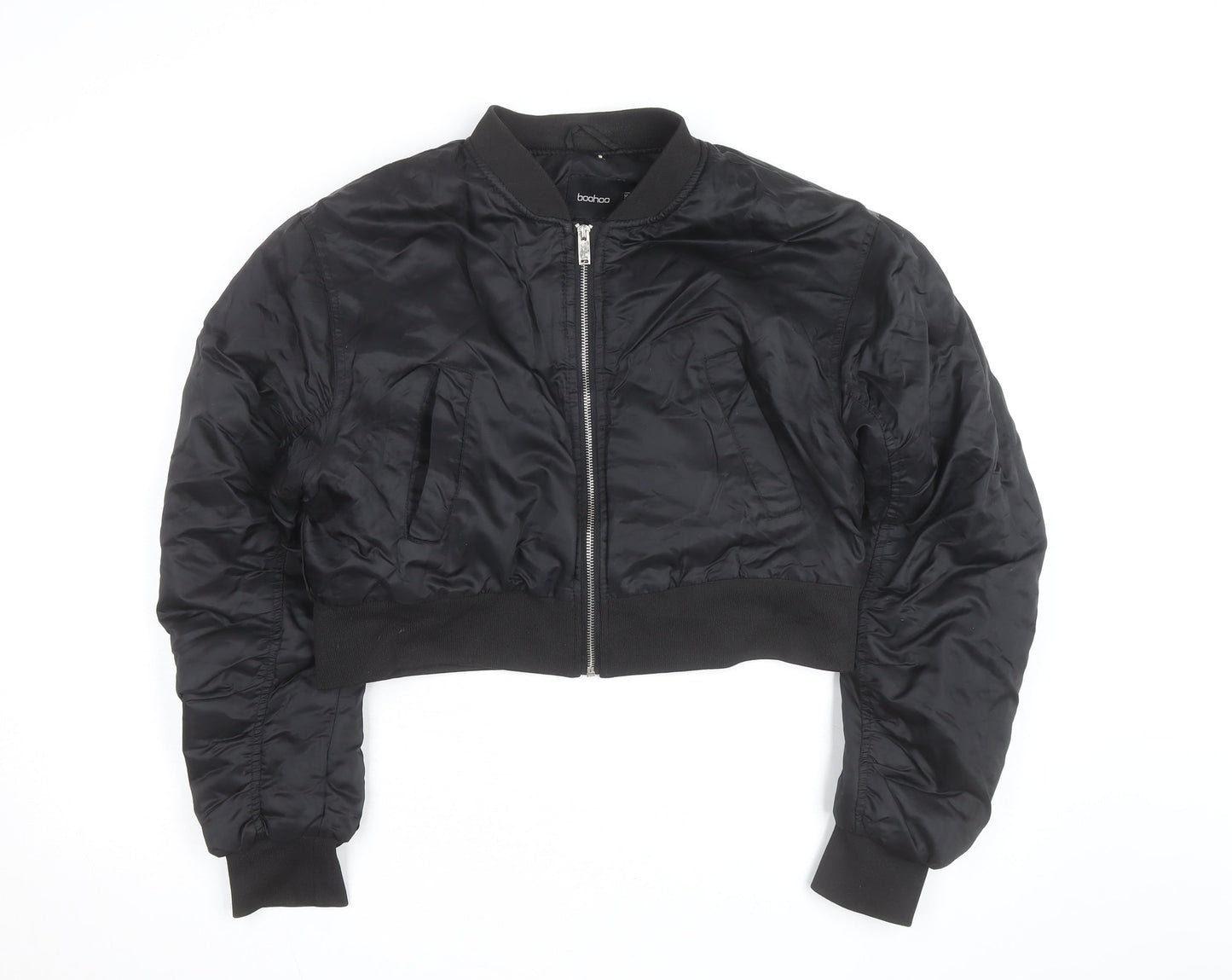 Boohoo Women's Black Cropped Bomber Jacket Size 14