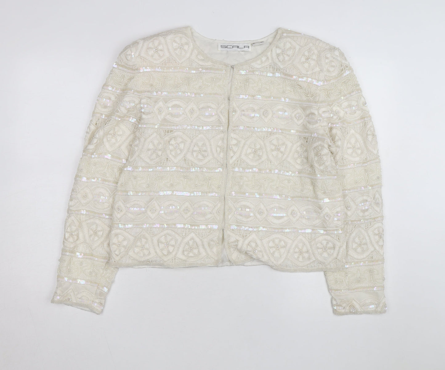 Scala Women Ivory Beaded Sequin Silk Cardigan Size L Formal