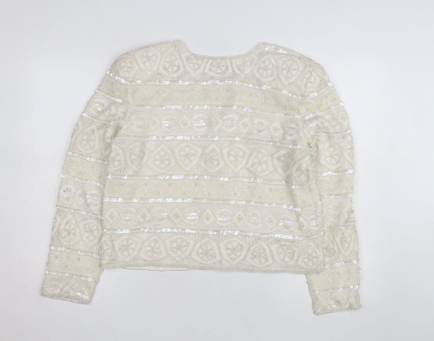 Scala Women Ivory Beaded Sequin Silk Cardigan Size L Formal