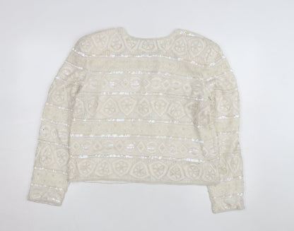 Scala Women Ivory Beaded Sequin Silk Cardigan Size L Formal