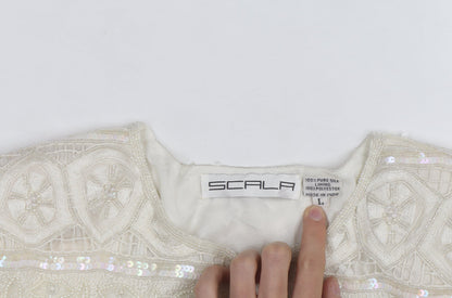 Scala Women Ivory Beaded Sequin Silk Cardigan Size L Formal