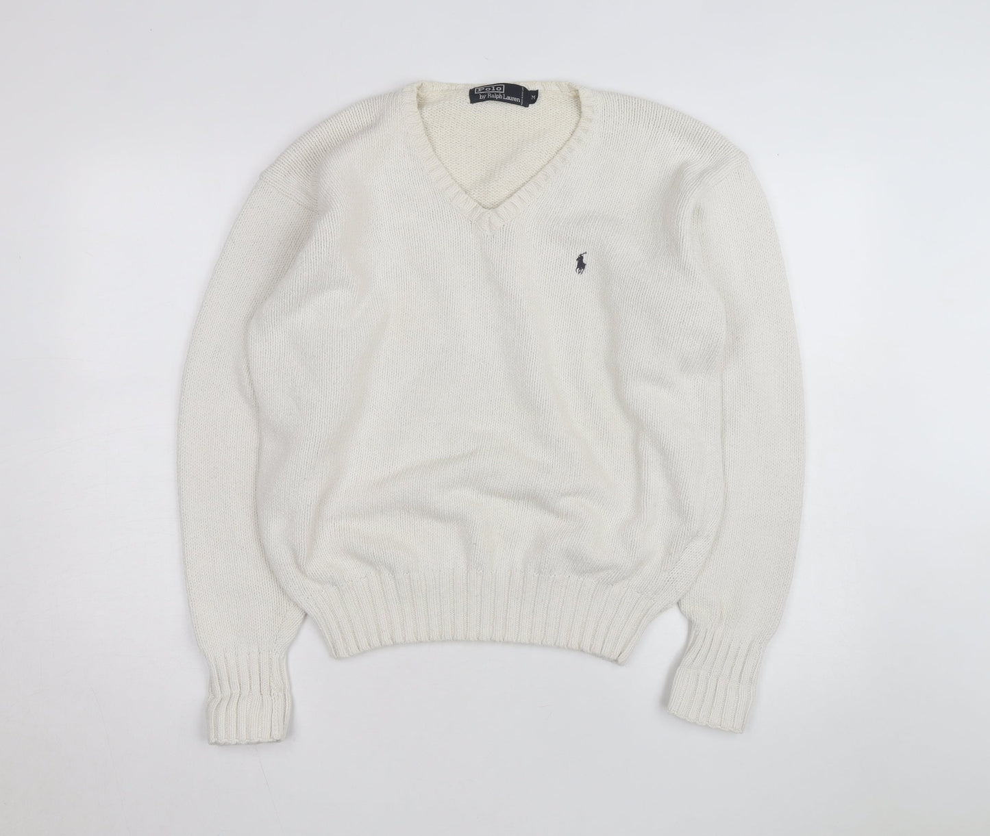 Ralph Lauren Men's Ivory V-Neck Cotton Jumper M Classic Fit