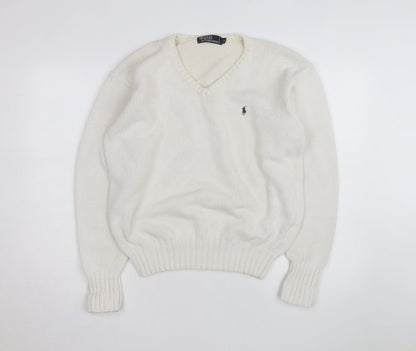 Ralph Lauren Men's Ivory V-Neck Cotton Jumper M Classic Fit