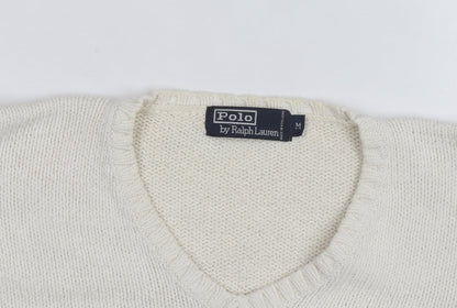 Ralph Lauren Men's Ivory V-Neck Cotton Jumper M Classic Fit