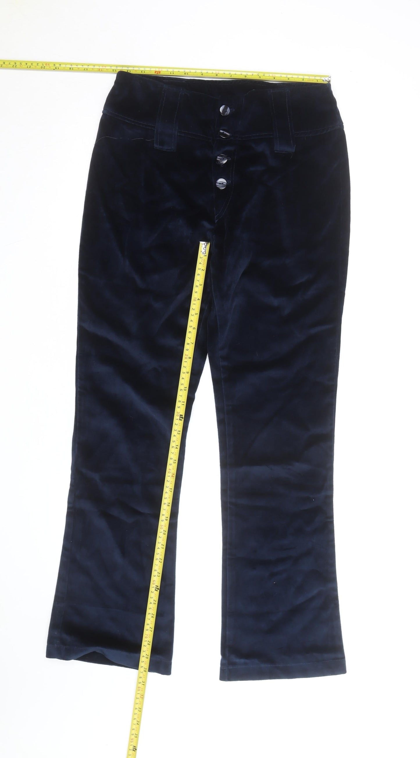 Groggy Women Navy Velvet Flared Trousers Size M High Rise