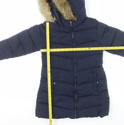 MNG Girls Blue Hooded Long Puffer Coat Size 8 Years Faux Fur Trim Winter Jacket