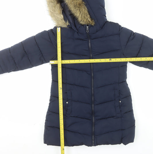 MNG Girls Blue Hooded Long Puffer Coat Size 8 Years Faux Fur Trim Winter Jacket