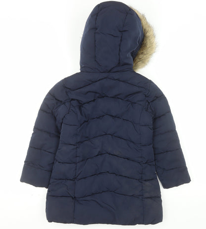 MNG Girls Blue Hooded Long Puffer Coat Size 8 Years Faux Fur Trim Winter Jacket