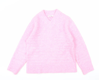 Next Women Pink V-Neck Chunky Knit Pullover Jumper XS