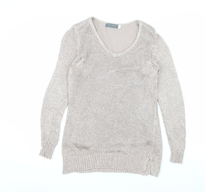 Mint Velvet Women’s Beige V-Neck Long Sleeve Open-Knit Jumper Size 8