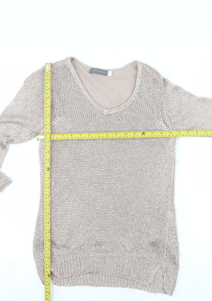 Mint Velvet Women’s Beige V-Neck Long Sleeve Open-Knit Jumper Size 8