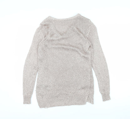 Mint Velvet Women’s Beige V-Neck Long Sleeve Open-Knit Jumper Size 8