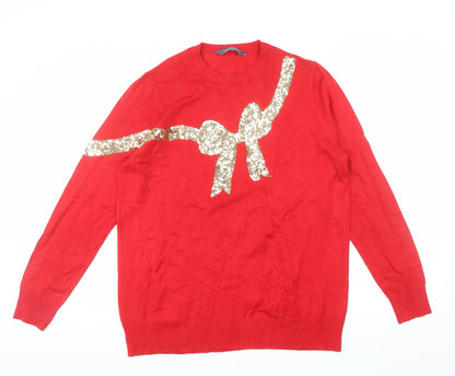Sosandar Women Red Sequin Bow Christmas Jumper Size 16