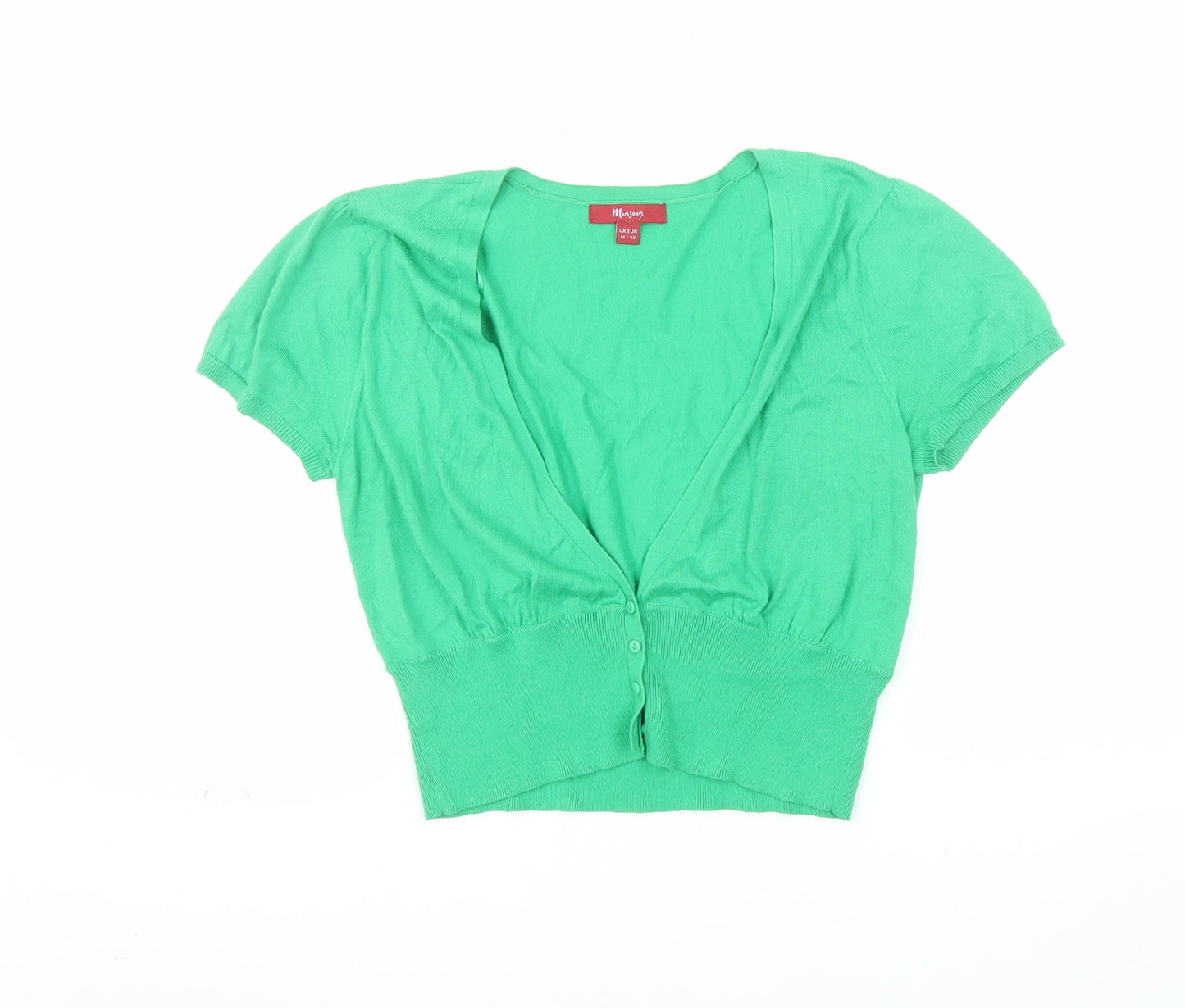 Monsoon Women’s Green Cotton Short Sleeve V-Neck Cardigan Size 14