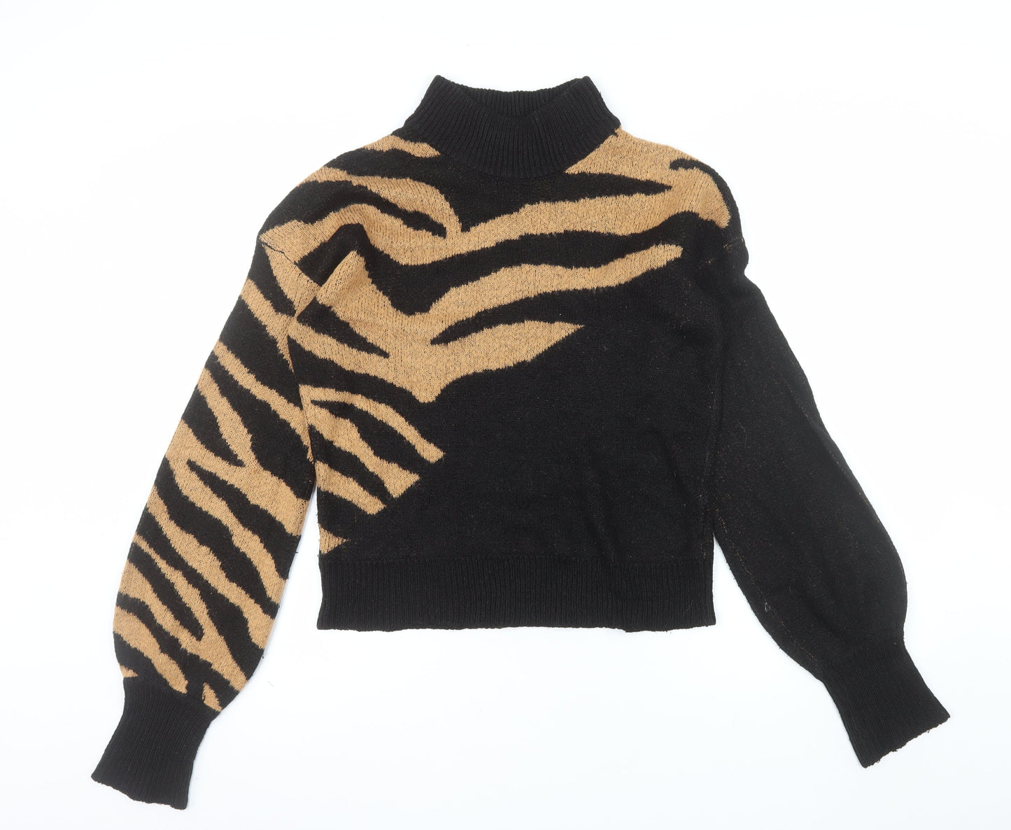 Brave Soul Women's Black Animal Print Roll Neck Acrylic Jumper M