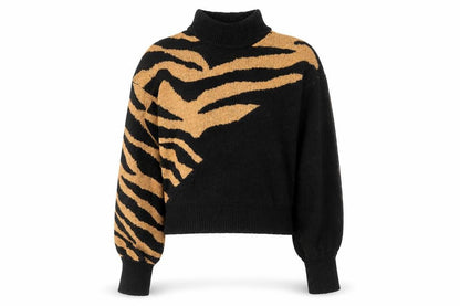 Brave Soul Women's Black Animal Print Roll Neck Acrylic Jumper M