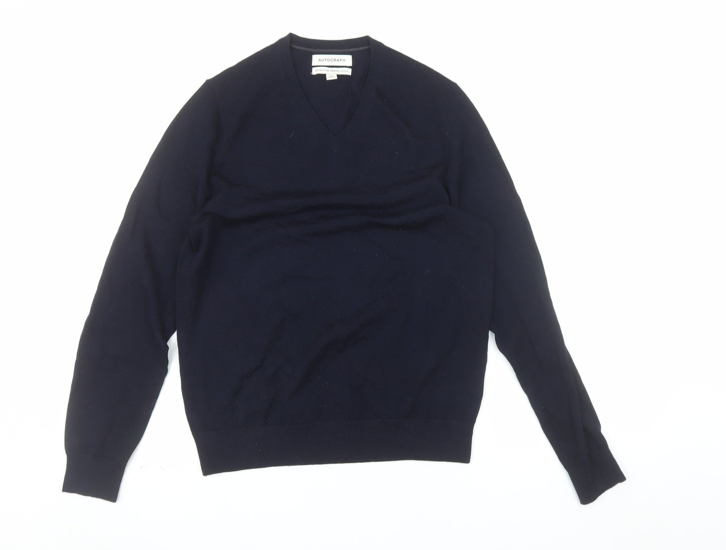 Marks and Spencer Autograph Mens Blue Merino Wool V-Neck Jumper S
