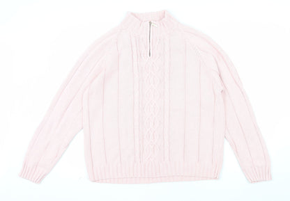Tulchan Women Pink XL Cable-Knit Cotton Mock Neck Pullover Jumper