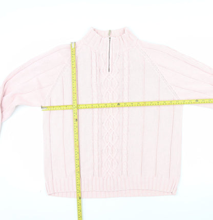 Tulchan Women Pink XL Cable-Knit Cotton Mock Neck Pullover Jumper
