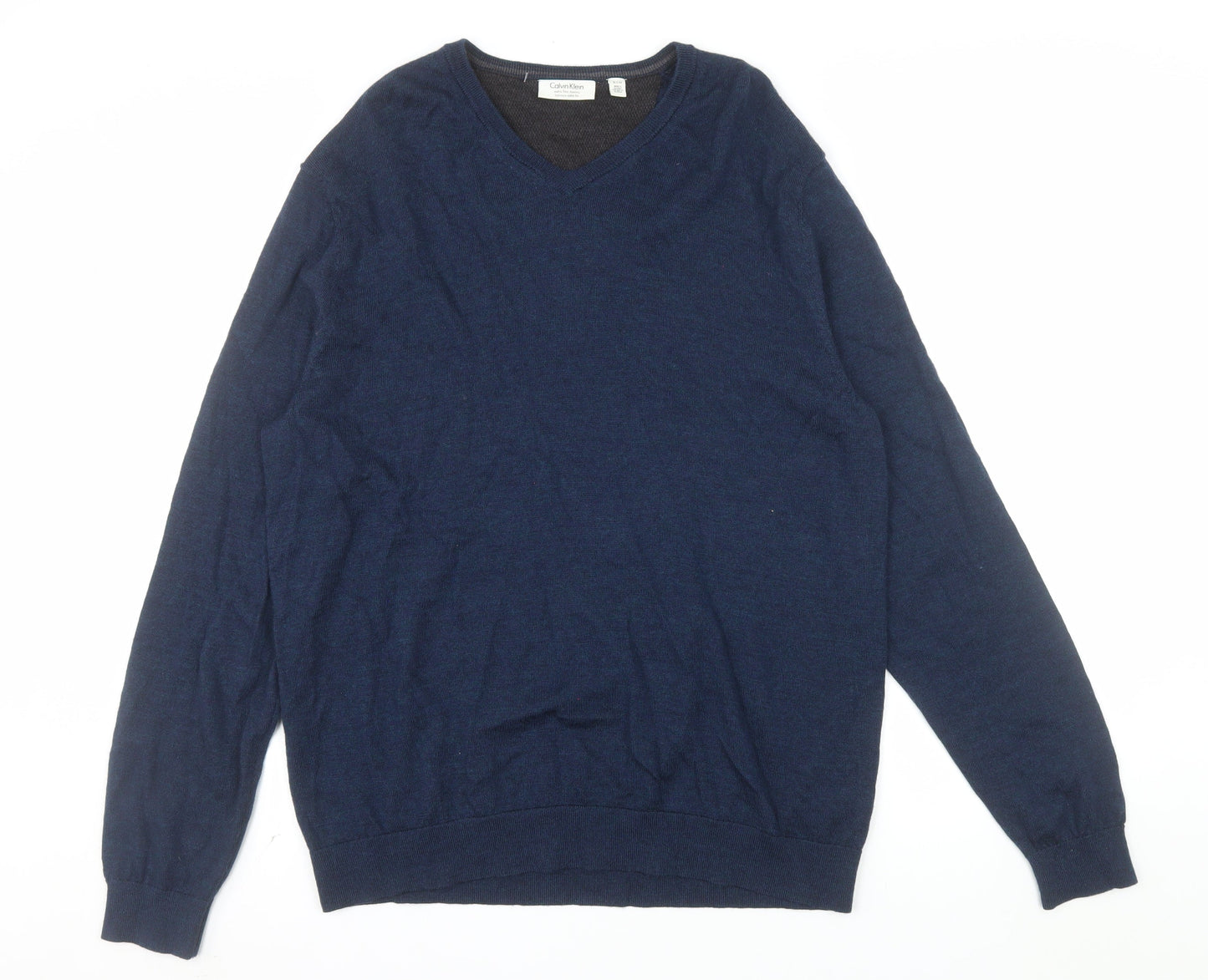 Calvin Klein Men's Blue Merino Wool V-Neck Jumper XL