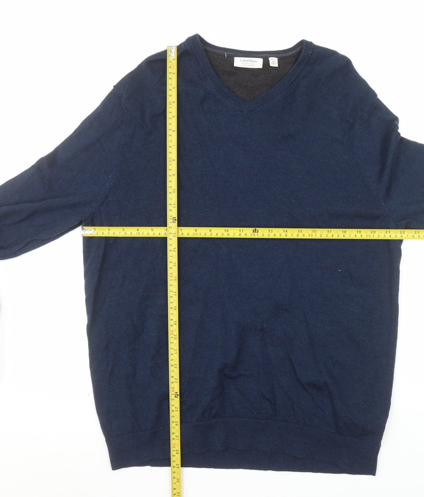 Calvin Klein Men's Blue Merino Wool V-Neck Jumper XL