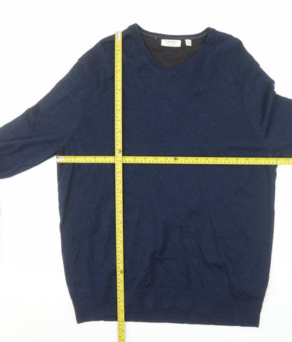 Calvin Klein Men's Blue Merino Wool V-Neck Jumper XL