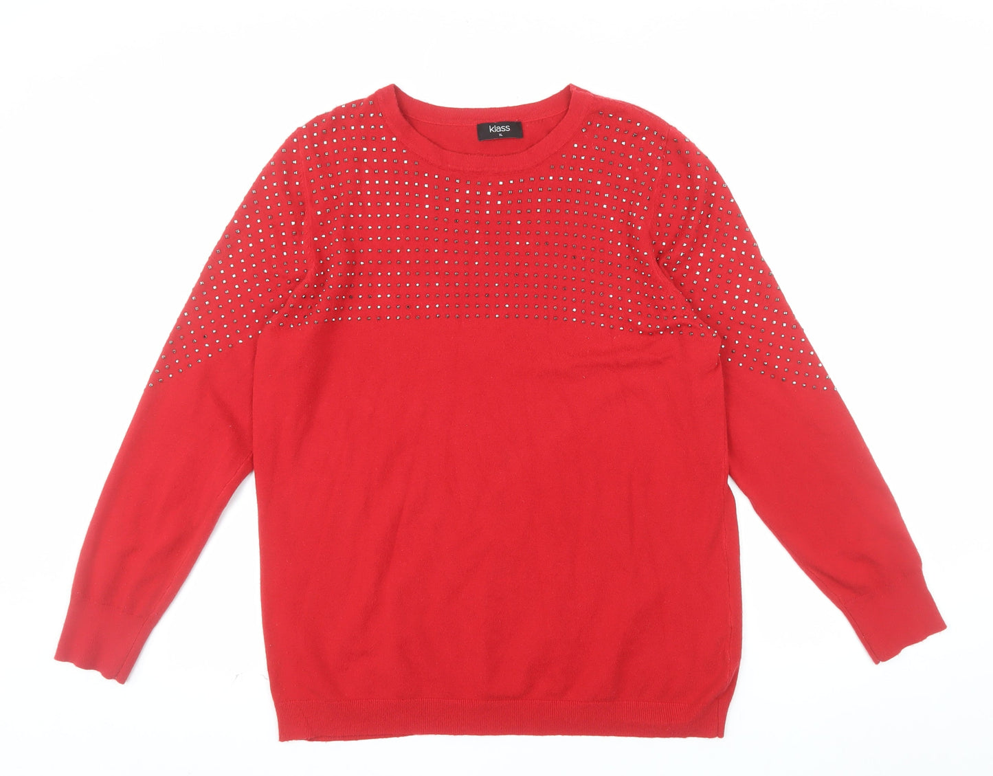 Klass Women's Red Rhinestone Crew Neck Knit Jumper XL
