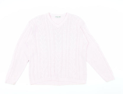 Jumper Womens Pink V-Neck Cotton Cable Knit Pullover L