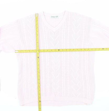 Jumper Womens Pink V-Neck Cotton Cable Knit Pullover L