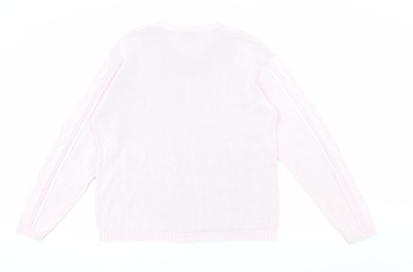 Jumper Womens Pink V-Neck Cotton Cable Knit Pullover L
