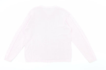 Jumper Womens Pink V-Neck Cotton Cable Knit Pullover L