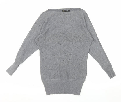 Anny Fashion Women Grey Rhinestone Boat Neck Knit Jumper Size S