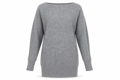 Anny Fashion Women Grey Rhinestone Boat Neck Knit Jumper Size S