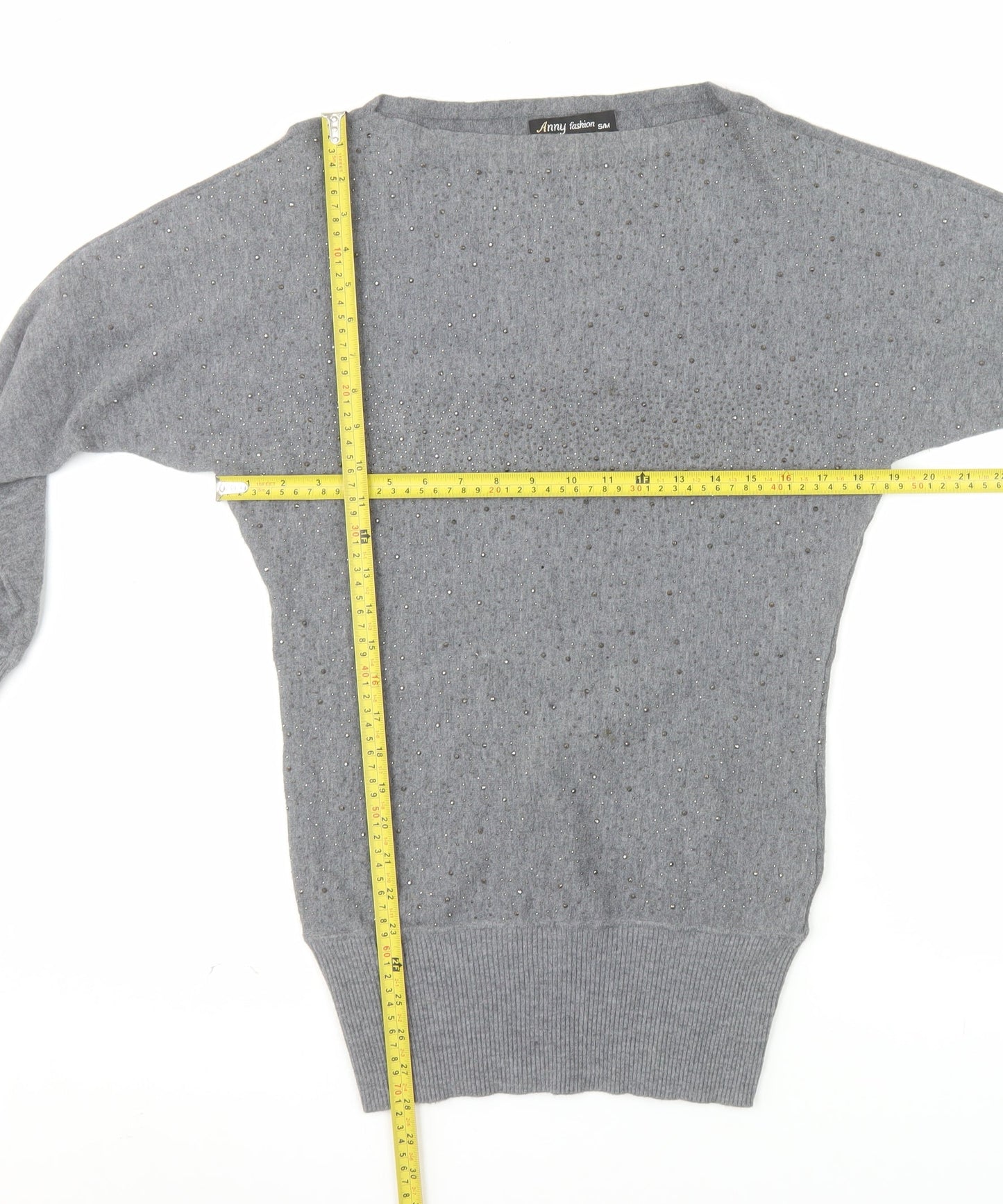 Anny Fashion Women Grey Rhinestone Boat Neck Knit Jumper Size S
