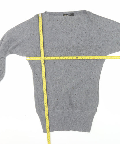 Anny Fashion Women Grey Rhinestone Boat Neck Knit Jumper Size S