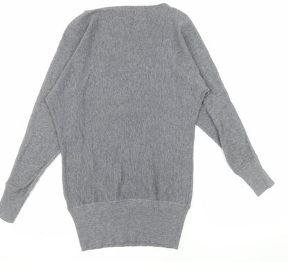 Anny Fashion Women Grey Rhinestone Boat Neck Knit Jumper Size S