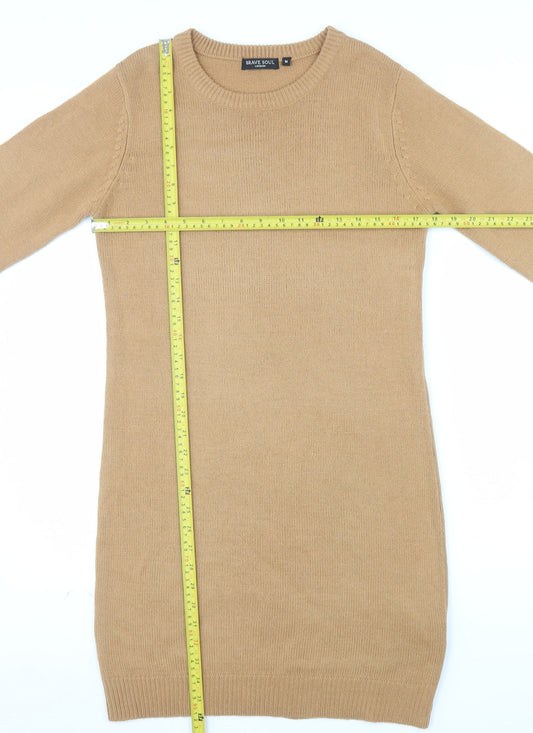 Brave Soul Women Camel Beige Long Sleeve Knit Jumper Dress M