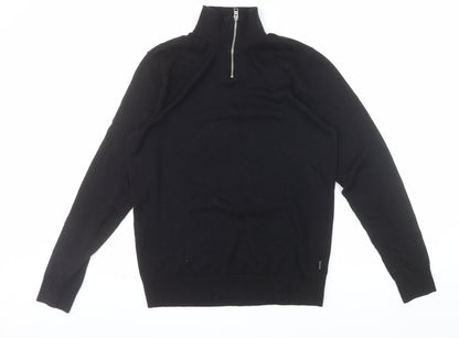 Jack & Jones Men's Black Half Zip High Neck Cotton Blend Jumper M