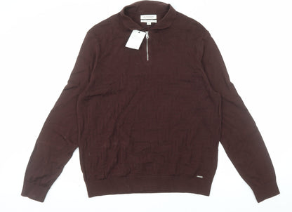 Marks and Spencer Men Brown L 1/2 Zip Cotton Jumper